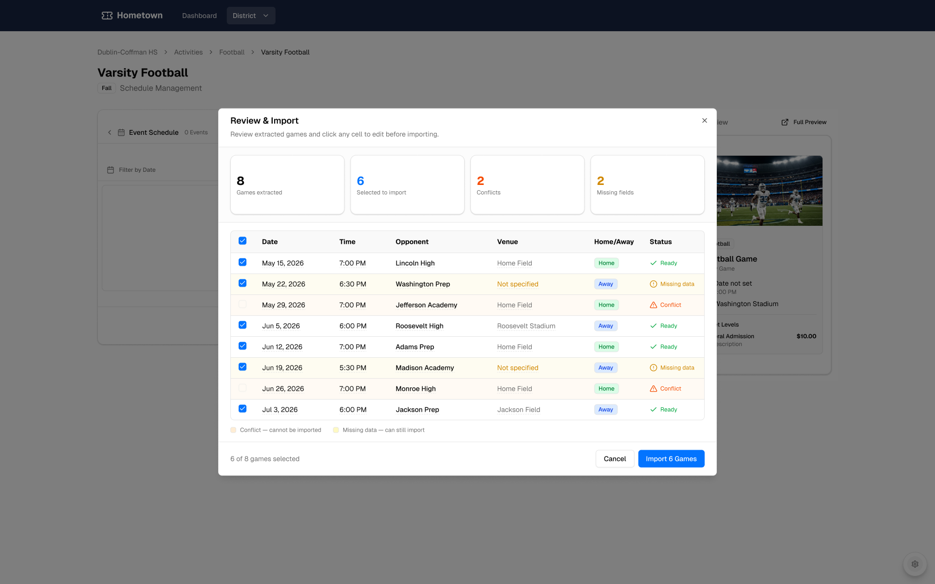 Review and Import modal over the Varsity Football schedule, listing extracted games with date, time, opponent, venue, and status.