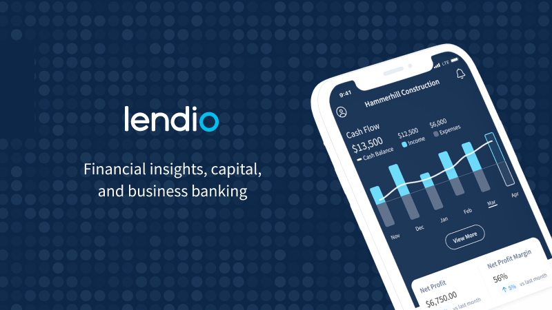Lendio cover: phone showing a cash flow view beside the line Financial insights, capital, and business banking.