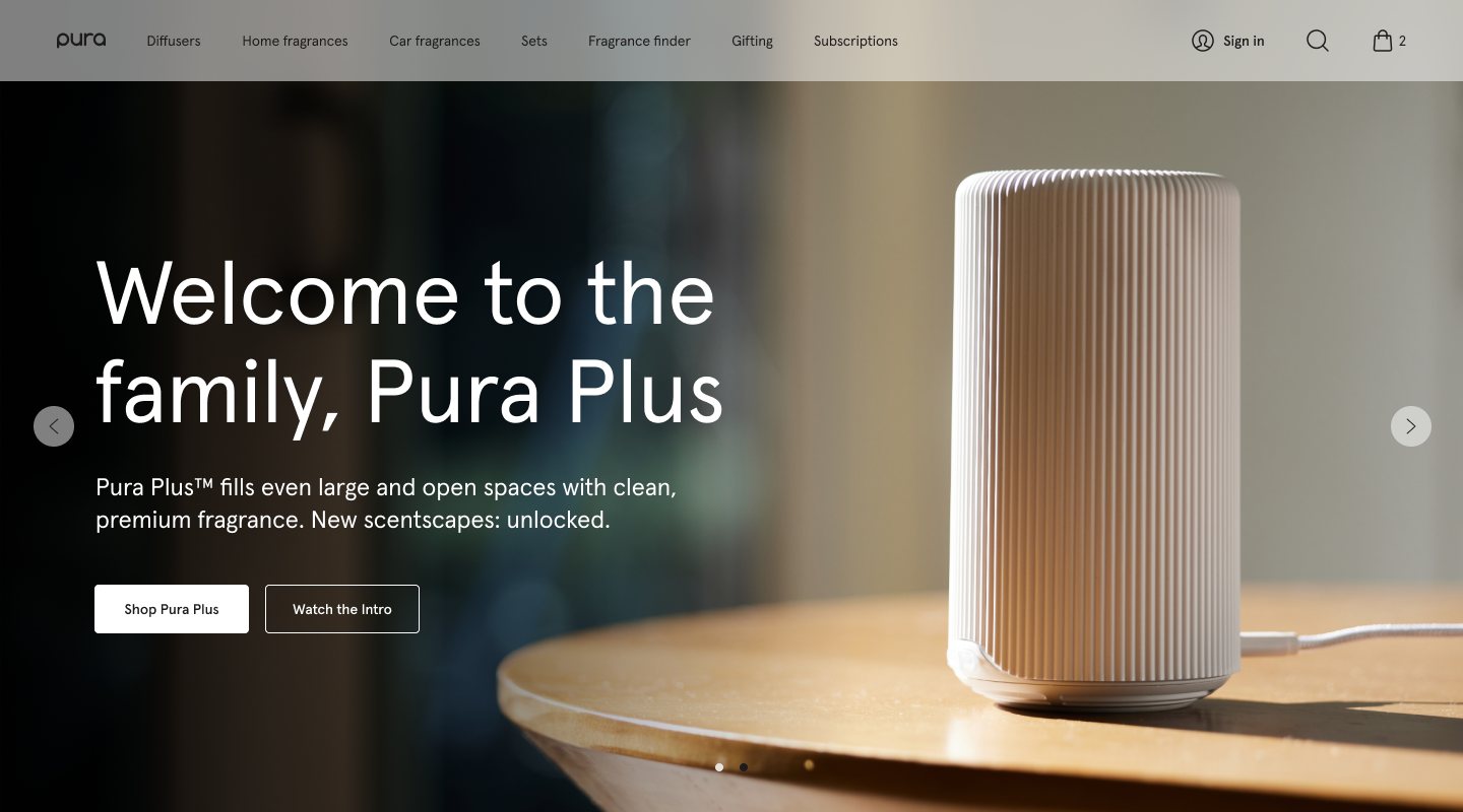 Pura retail site hero: Welcome to the family, Pura Plus, beside the Pura Plus diffuser.