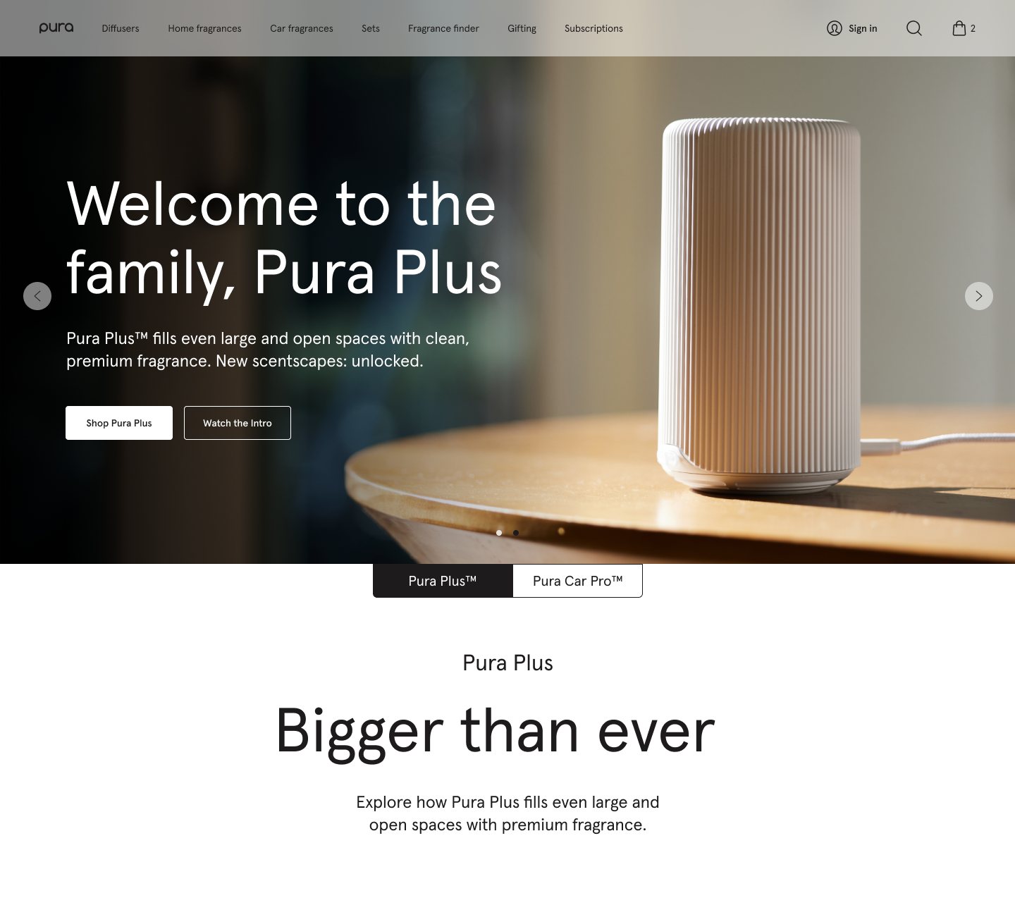 Pura Plus launch page: hero, product tabs, and the headline Bigger than ever.